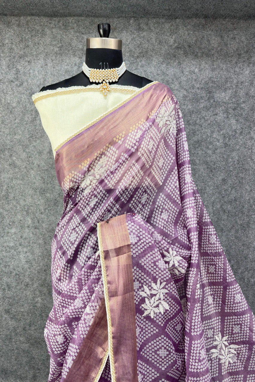 Elegant Printed Saree with Floral Buti Design  PURPLE & WHITE