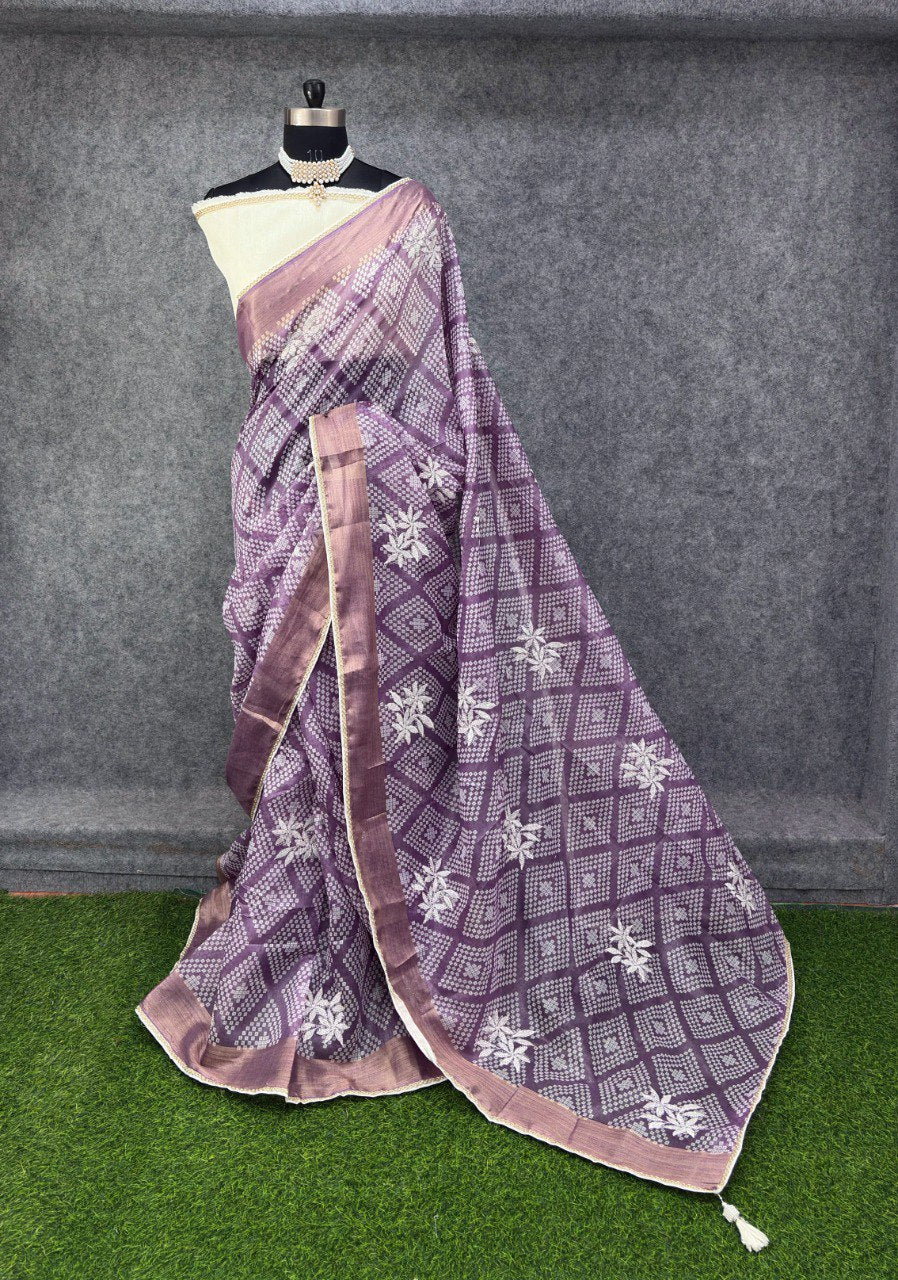 Elegant Printed Saree with Floral Buti Design  PURPLE & WHITE