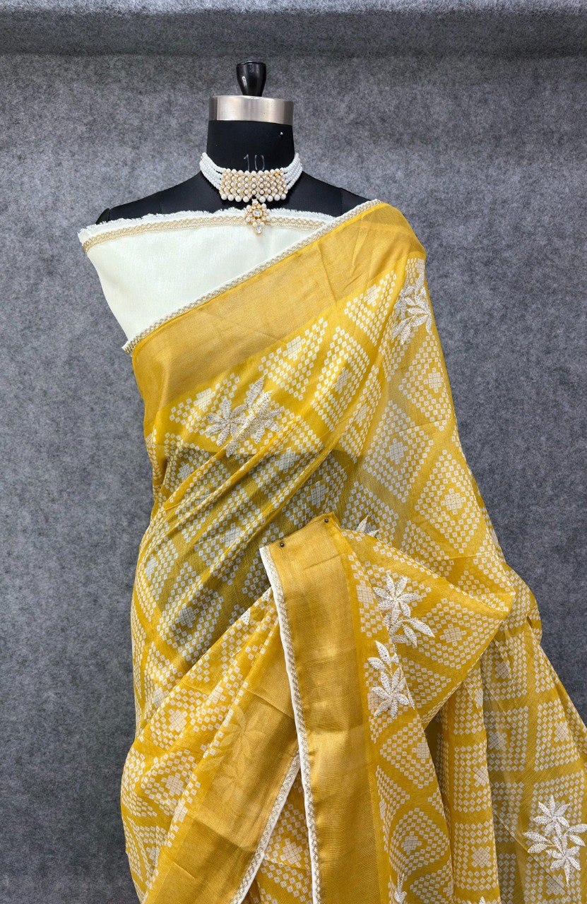 Elegant Printed Saree with Floral Buti Design  YELLOW & WHITE