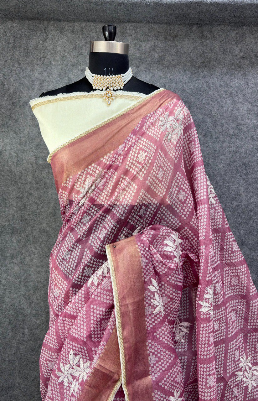 Elegant Printed Saree with Floral Buti Design  ONION  PINK & WHITE