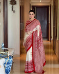 Elegant White & Red Traditional Printed Saree with Ethnic Border