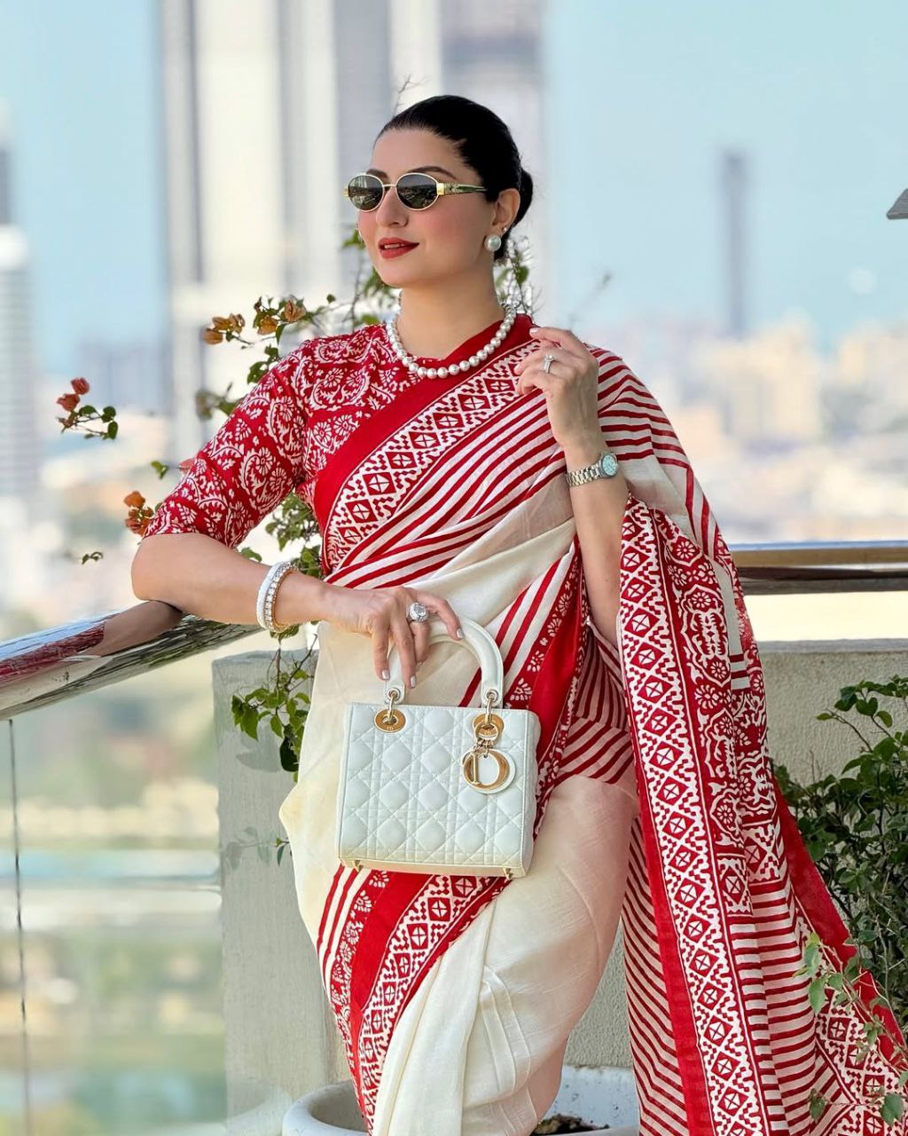 Elegant White & Red Traditional Printed Saree with Ethnic Border