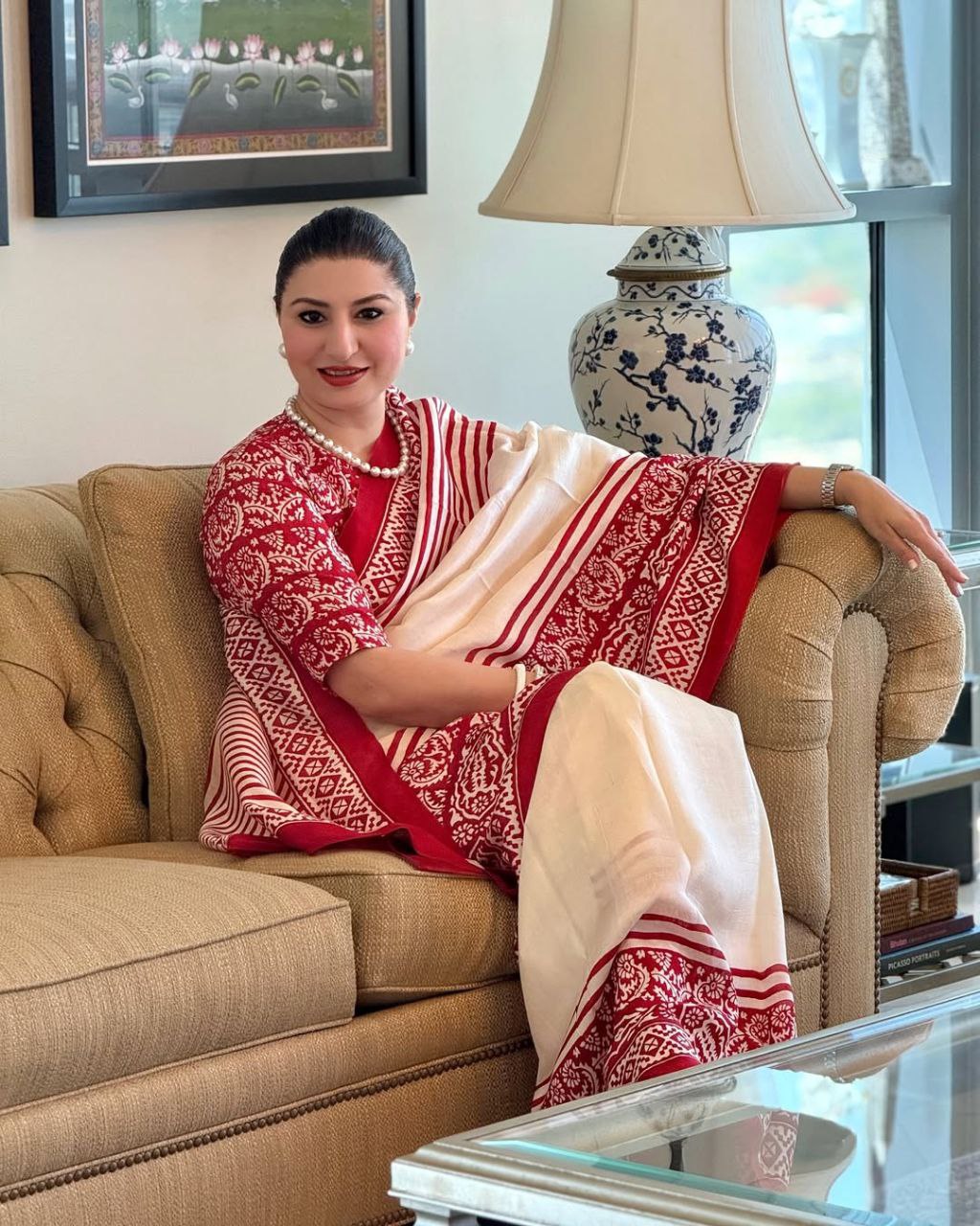 Elegant White & Red Traditional Printed Saree with Ethnic Border