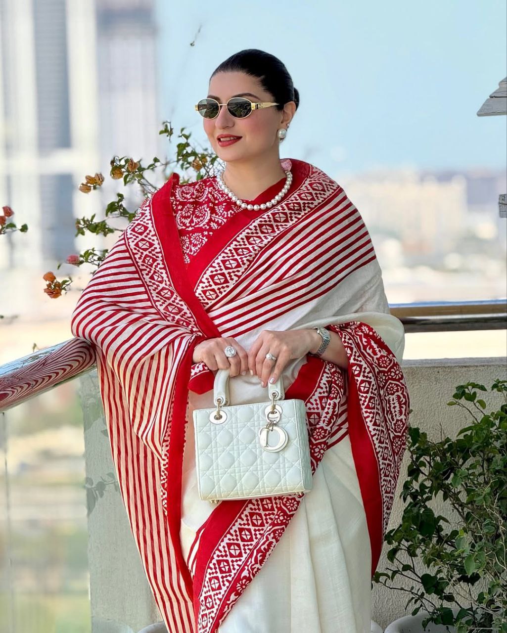 Elegant White & Red Traditional Printed Saree with Ethnic Border