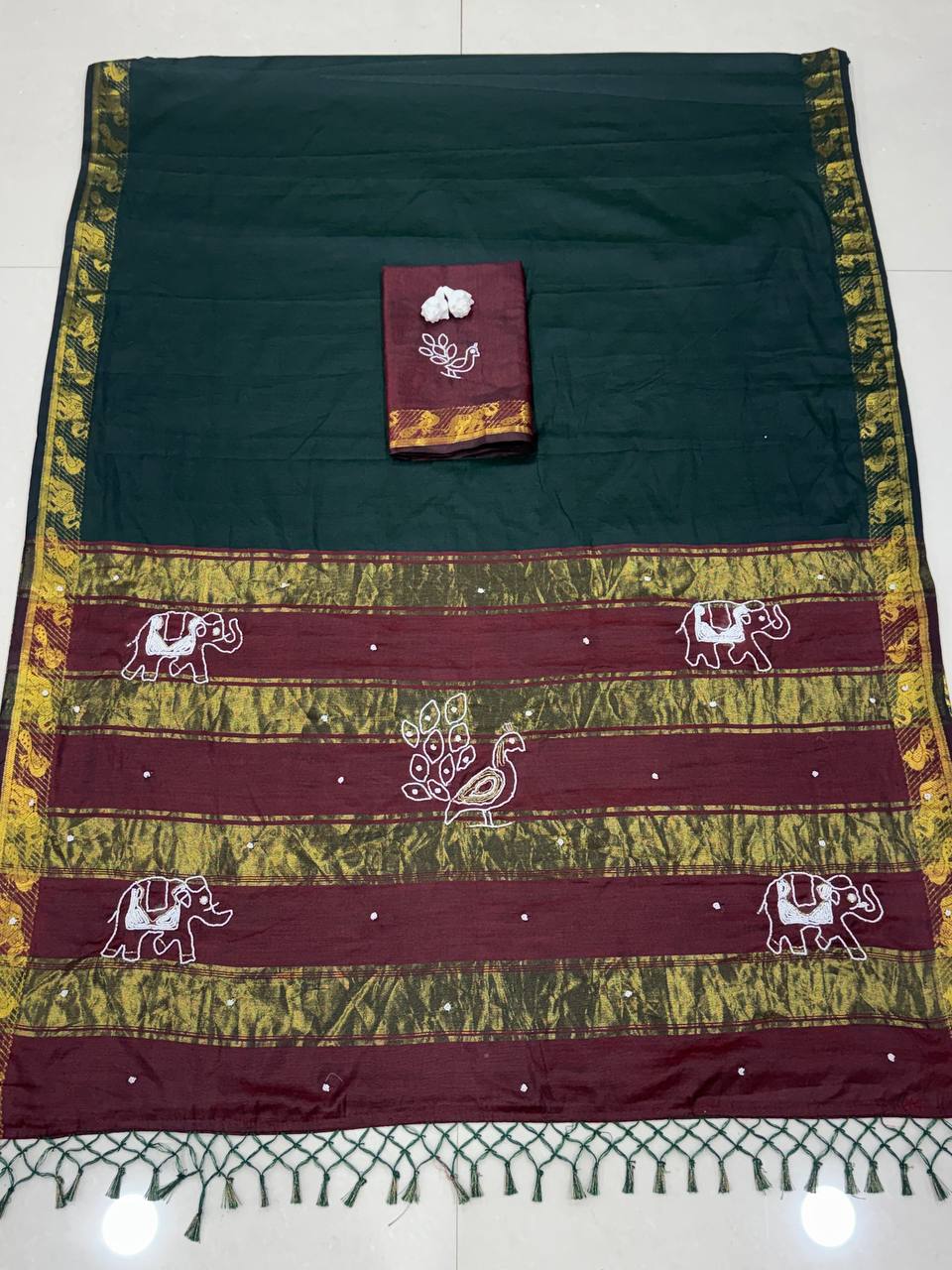 Traditional Cotton Saree with Peacock, Elephant Embroidery & Designer Blouse -GREEN