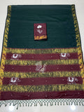 Traditional Cotton Saree with Peacock, Elephant Embroidery & Designer Blouse -GREEN