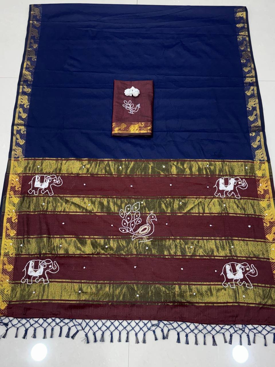Traditional Cotton Saree with Peacock, Elephant Embroidery & Designer Blouse -BLUE