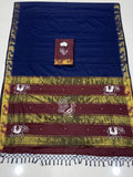 Traditional Cotton Saree with Peacock, Elephant Embroidery & Designer Blouse -BLUE