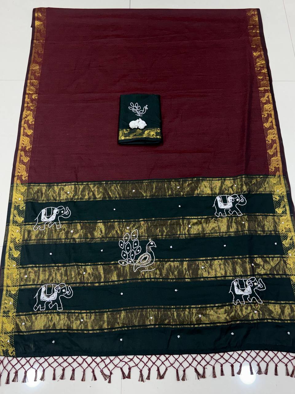 Traditional Cotton Saree with Peacock, Elephant Embroidery & Designer Blouse -MAROON