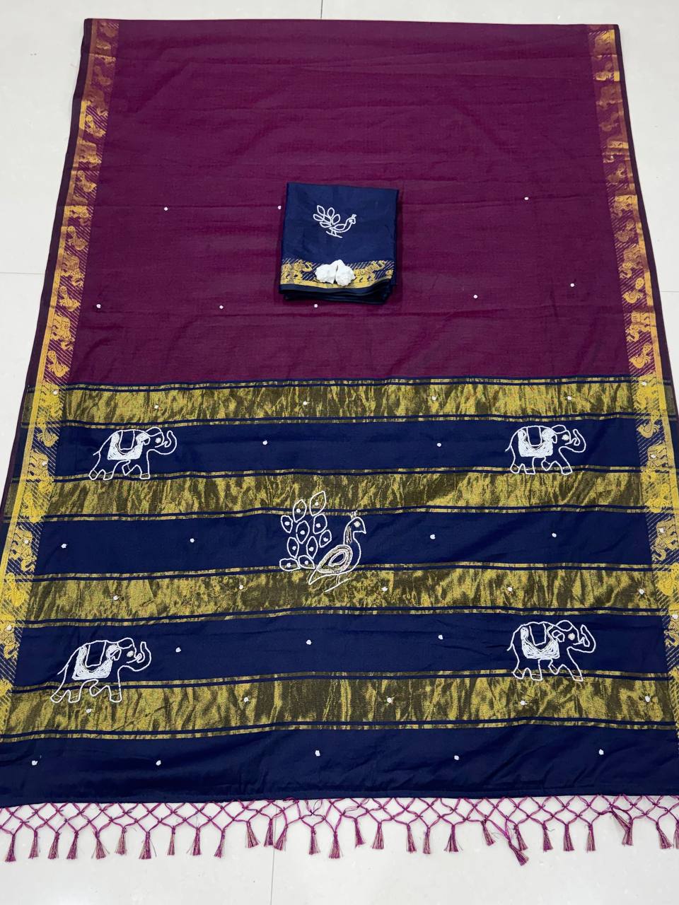 Traditional Cotton Saree with Peacock, Elephant Embroidery & Designer Blouse -PINK