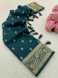 Royal Rama Banarasi Weaving Silk Saree with Elegant Golden Zari Border