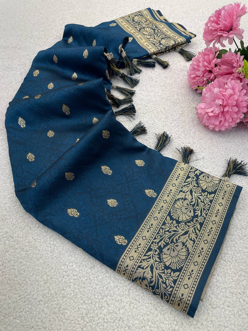 Royal Blue Banarasi Weaving Silk Saree with Elegant Golden Zari Border