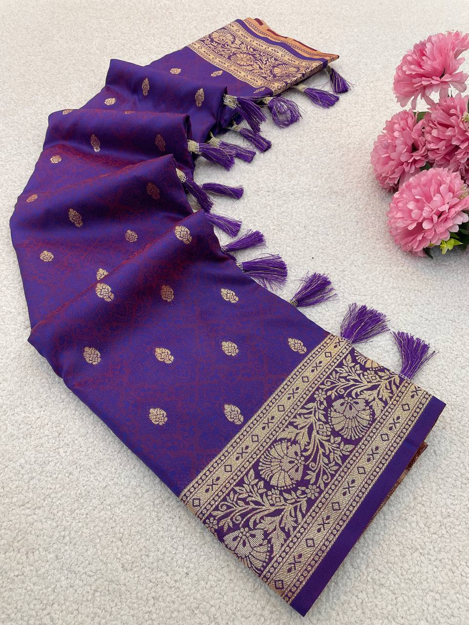 Royal Purple Banarasi Weaving Silk Saree with Elegant Golden Zari Border)