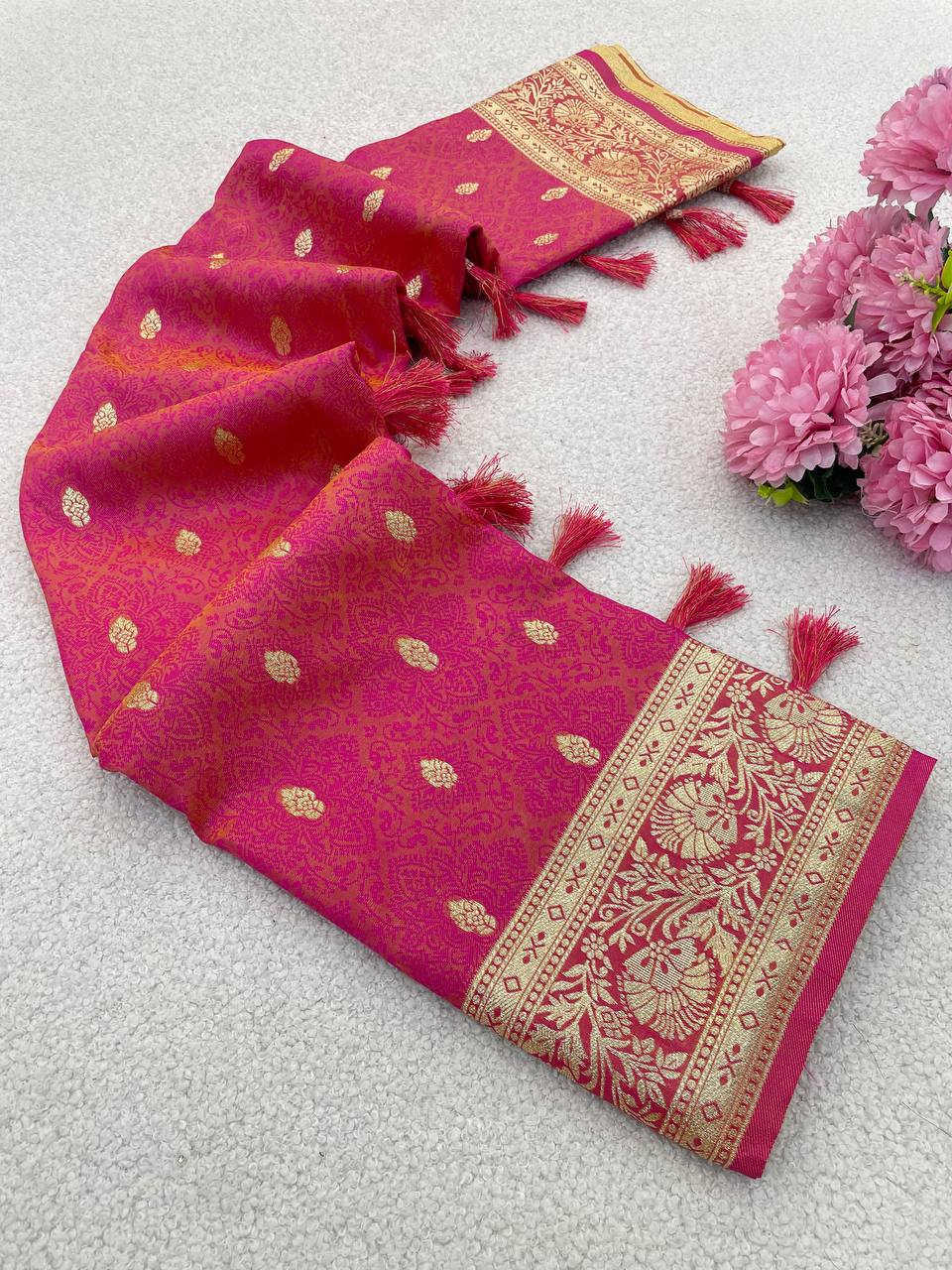 Royal Pink Banarasi Weaving Silk Saree with Elegant Golden Zari Border