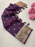 Luxurious Purple Banarasi Weaving Silk Saree with Golden Zari Border & Tassels