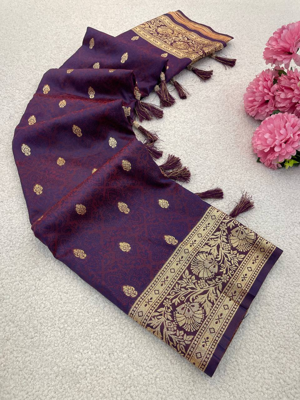 Luxurious Purple Banarasi Weaving Silk Saree with Golden Zari Border & Tassels