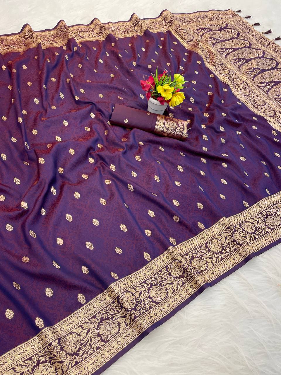 Luxurious Purple Banarasi Weaving Silk Saree with Golden Zari Border & Tassels