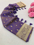 LIGHT Purple Banarasi Weaving Silk Saree with Golden Zari Border & Tassels