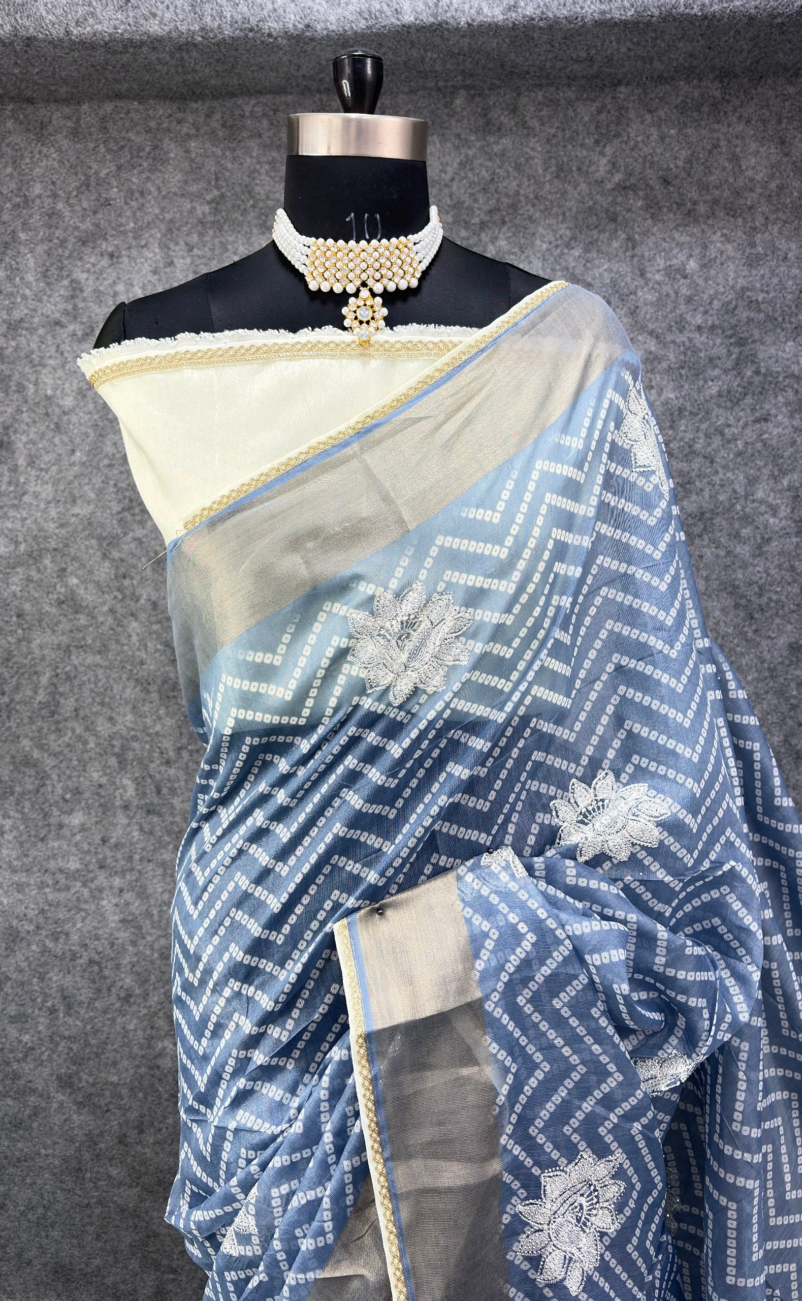 Elegant  Zigzag Designer Saree with Floral Buti Work - SKY BLUE & SILVER