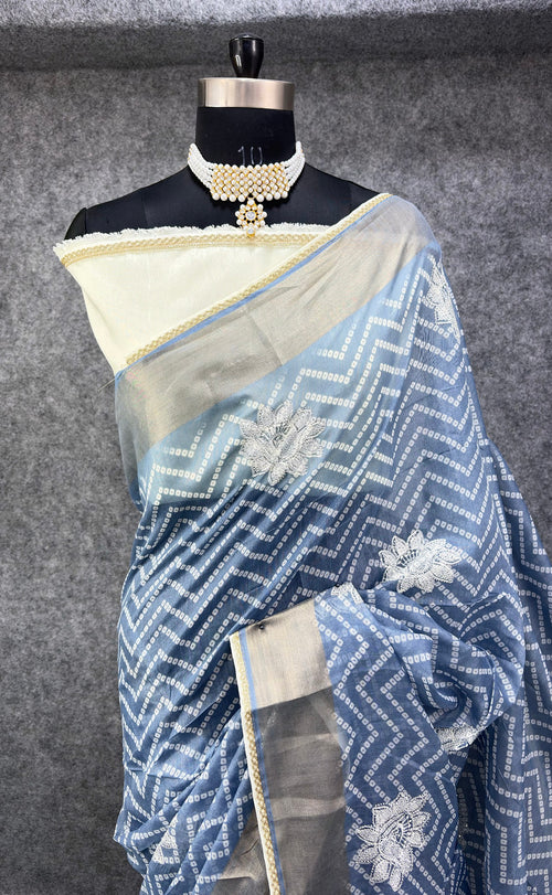 Elegant  Zigzag Designer Saree with Floral Buti Work - SKY BLUE & SILVER