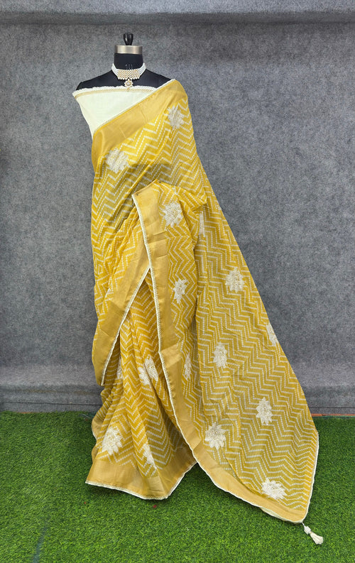 Elegant  Zigzag Designer Saree with Floral Buti Work -YELLOW & SILVER