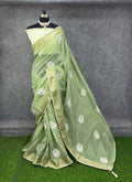 Elegant  Zigzag Designer Saree with Floral Buti Work -PISTA & SILVER