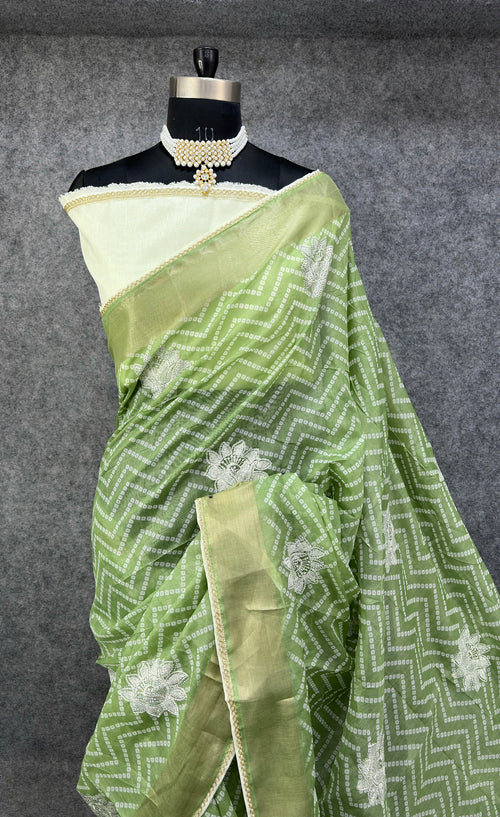 Elegant  Zigzag Designer Saree with Floral Buti Work -PISTA & SILVER
