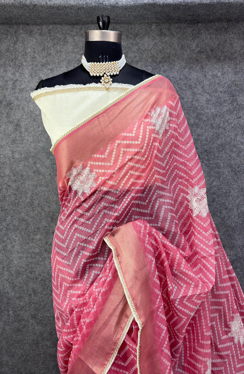 Elegant  Zigzag Designer Saree with Floral Buti Work PINK & SILVER