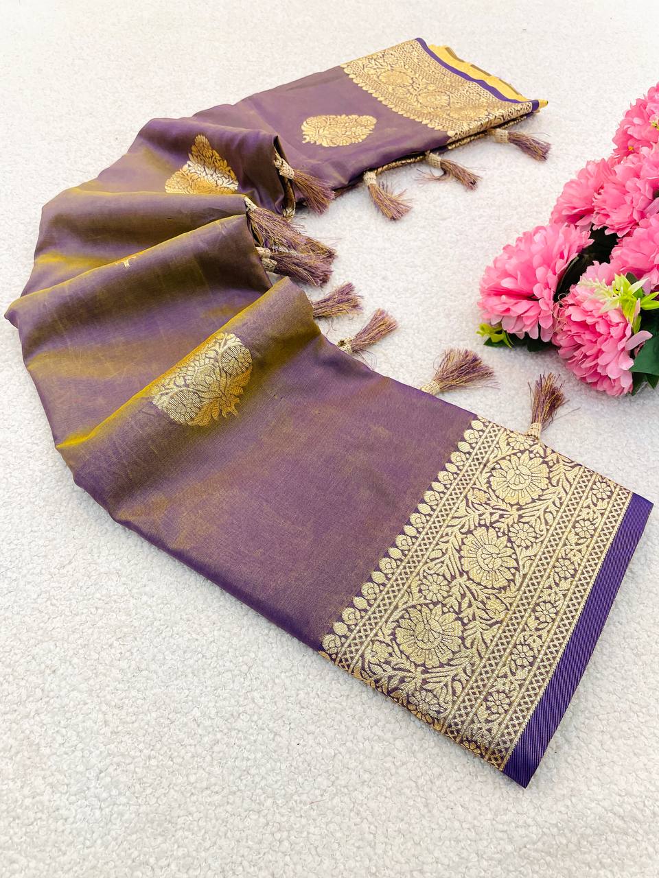 Purple Banarasi Soft Silk Sarees with Golden Zari
