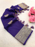 Dark purple Banarasi Soft Silk Sarees with Golden Zari