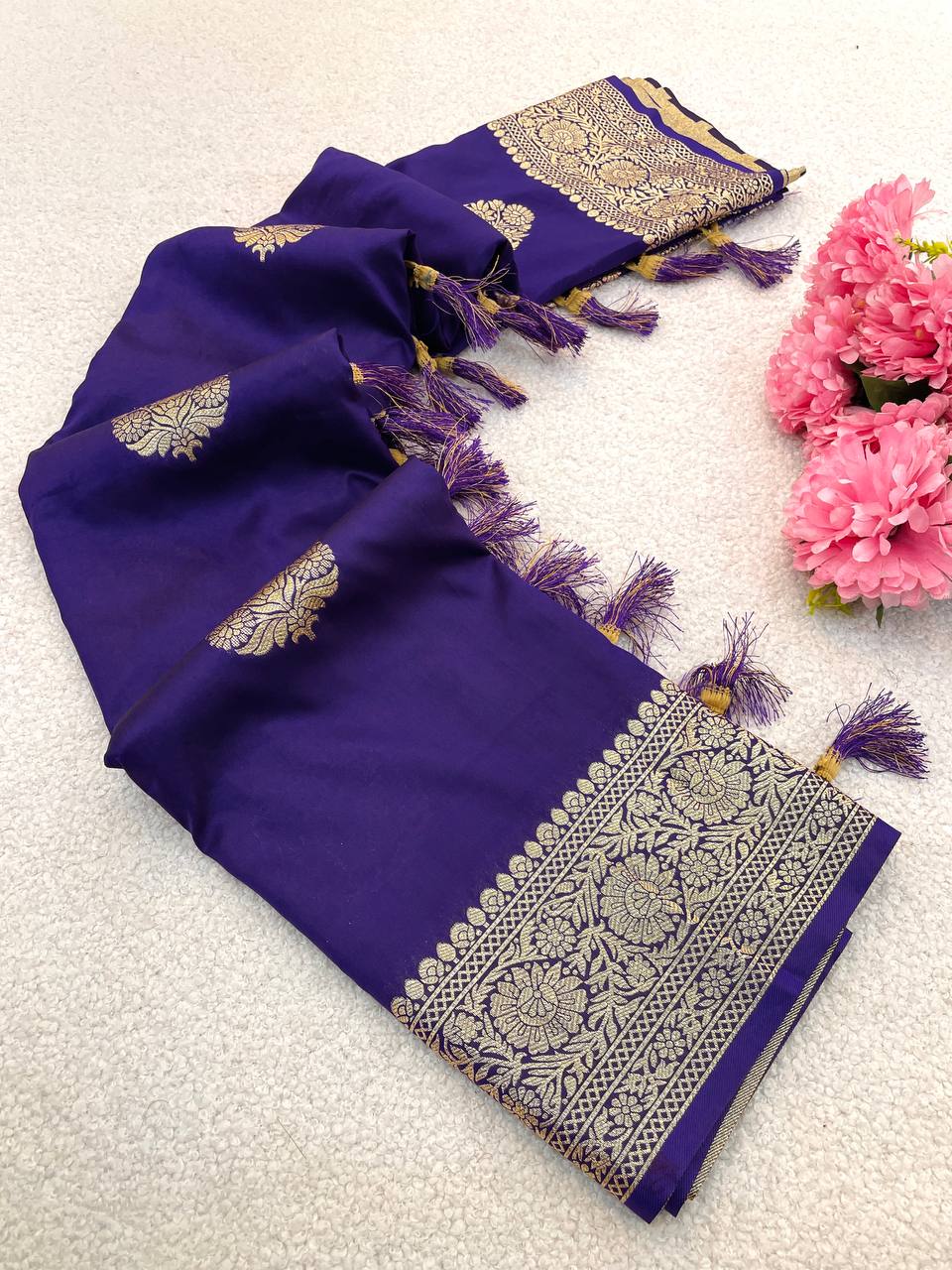 Dark purple Banarasi Soft Silk Sarees with Golden Zari