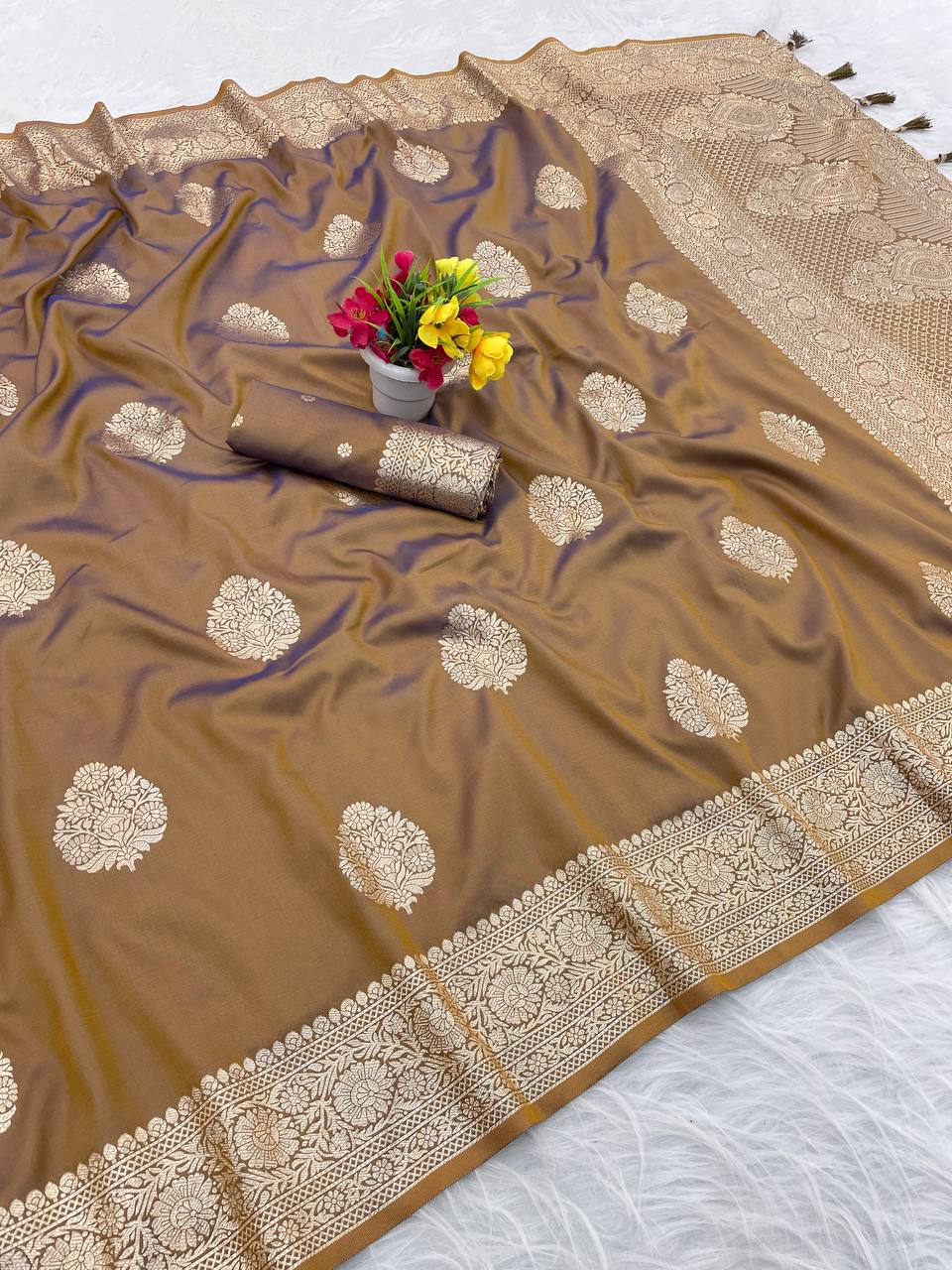 yellow Banarasi Soft Silk Sarees with Golden Zari