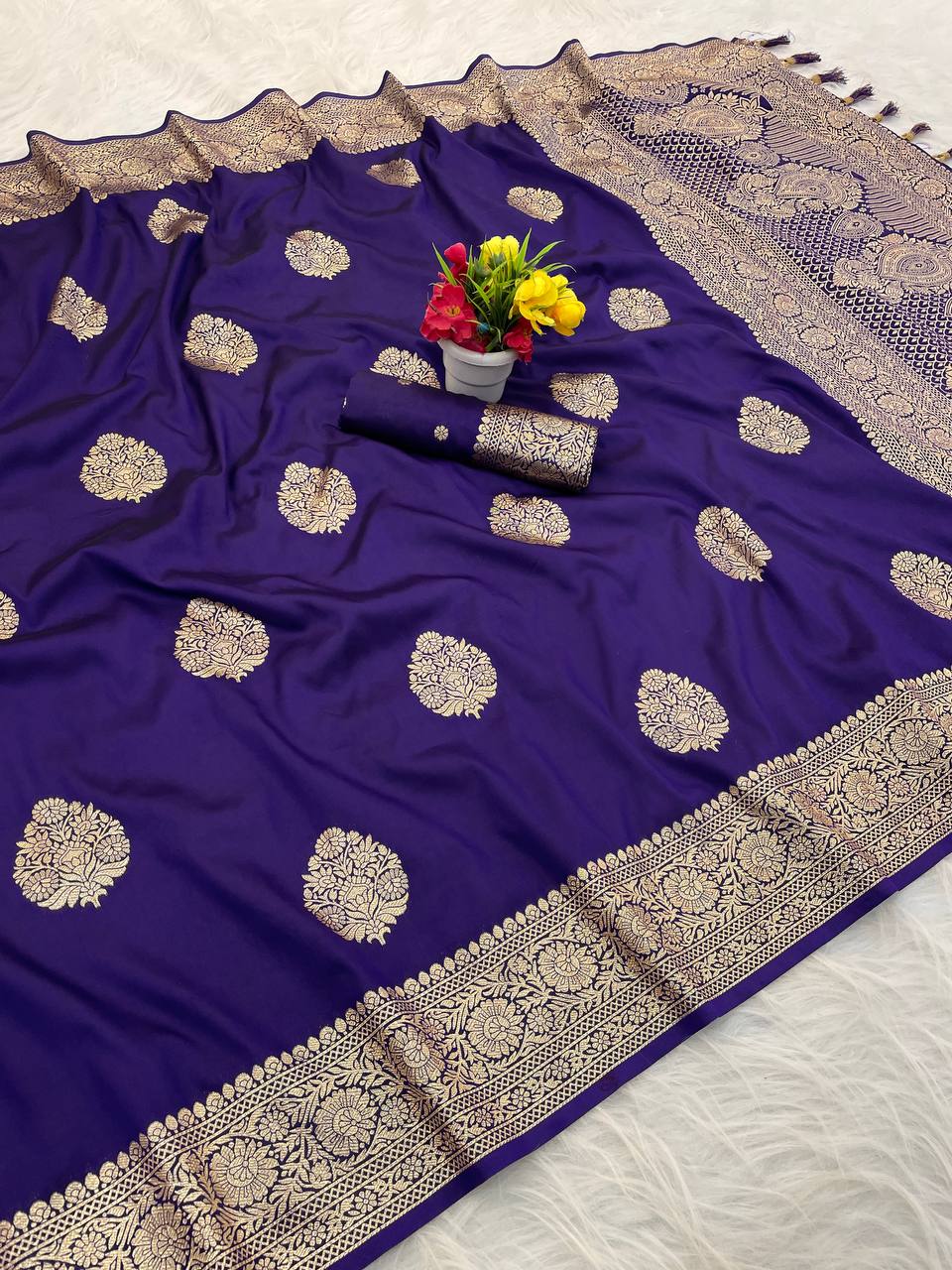 Dark purple Banarasi Soft Silk Sarees with Golden Zari