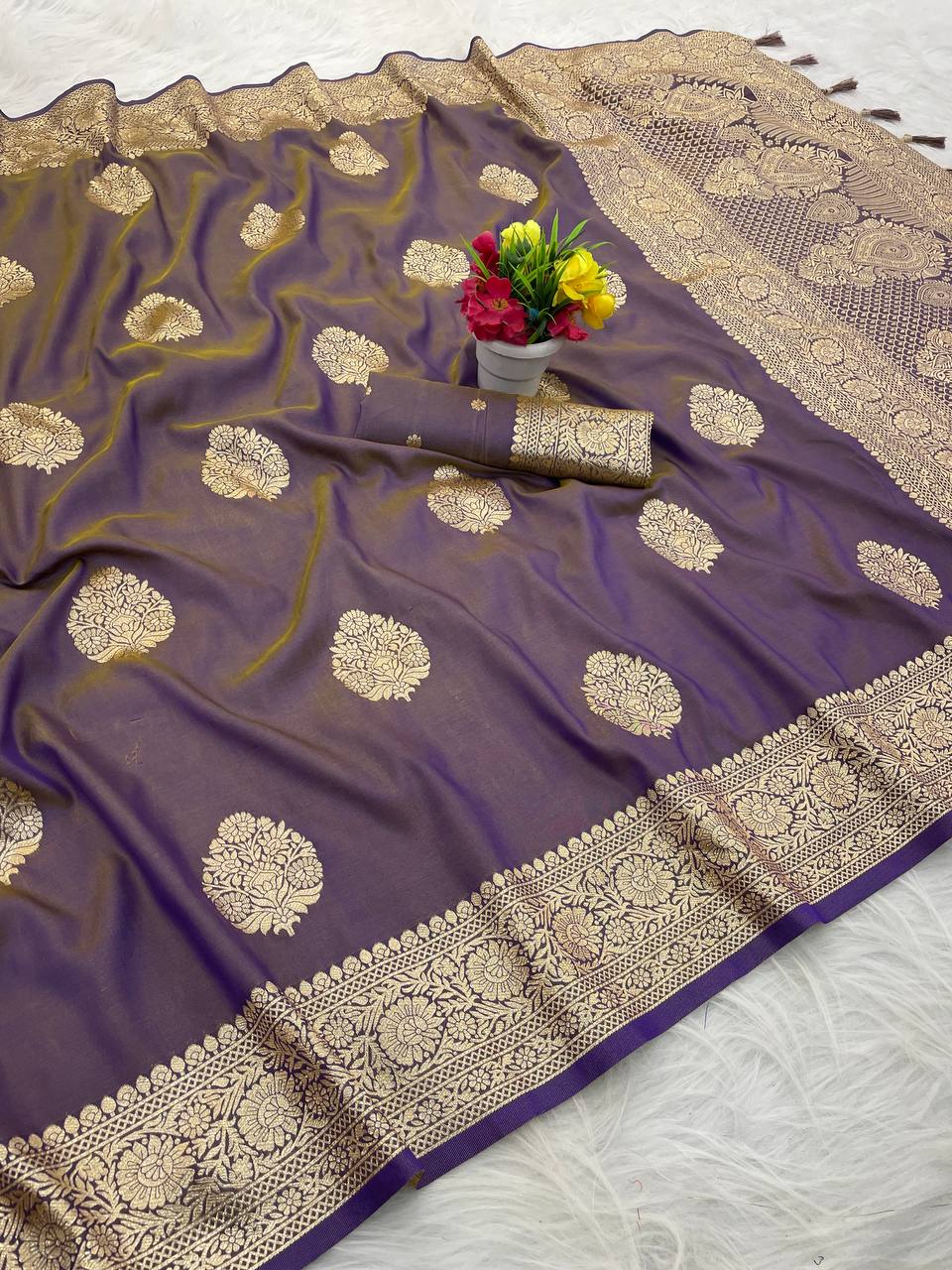 Purple Banarasi Soft Silk Sarees with Golden Zari