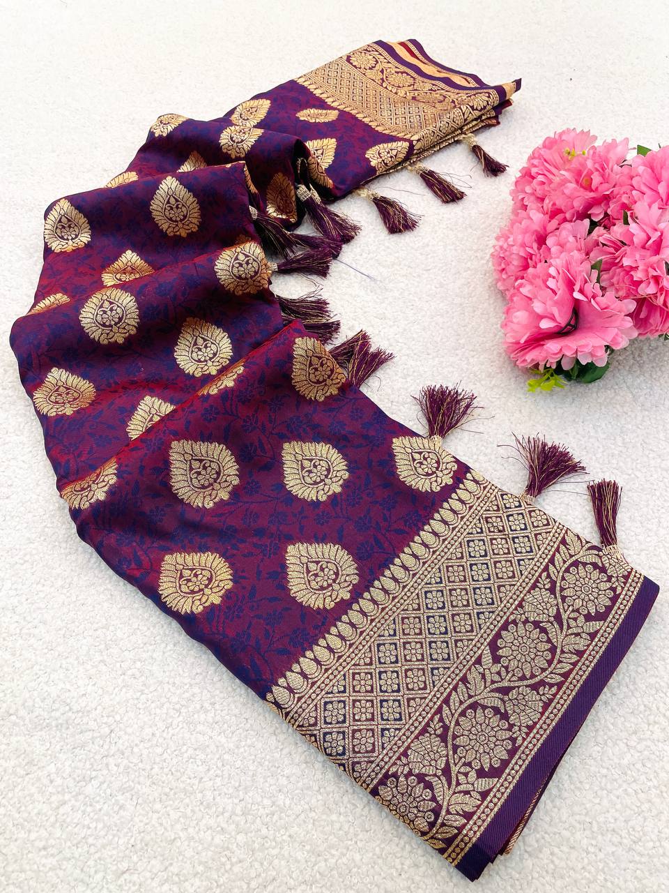 Premium Banarasi Soft Silk Sarees with Golden zari Buti weaves all over the body, having rich