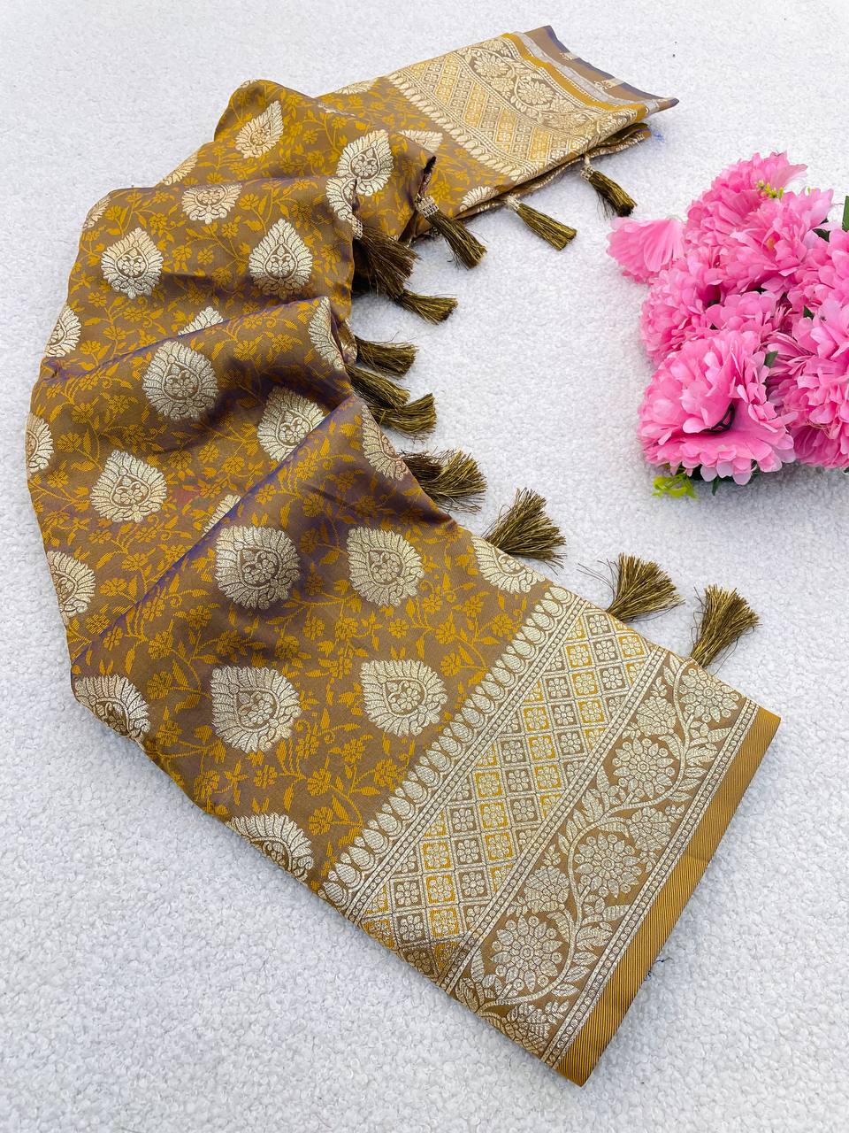 Premium Banarasi Soft Silk Sarees with Golden zari Buti weaves all over the body, having rich