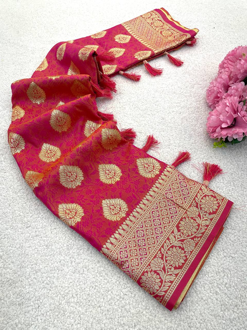 Premium Banarasi Soft Silk Sarees with Golden zari Buti weaves all over the body, having rich zari woven pallu and paired with BUTI WORK running Blouse