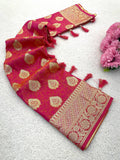 Premium Banarasi Soft Silk Sarees with Golden zari Buti weaves all over the body, having rich zari woven pallu and paired with BUTI WORK running Blouse