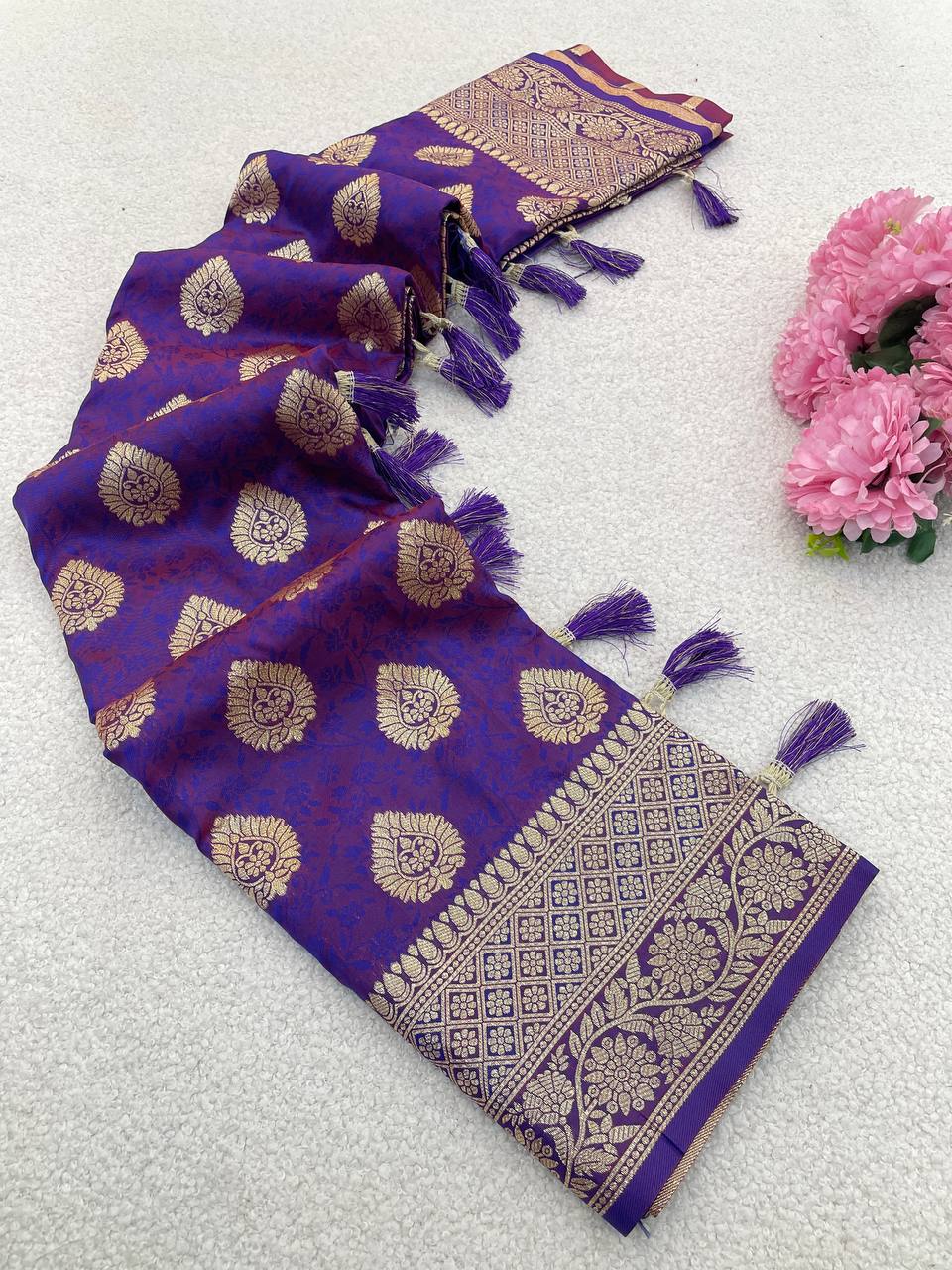 Premium Banarasi Soft Silk Sarees with Golden zari Buti weaves all over the body, having rich zari woven pallu and paired with BUTI WORK running Blouse