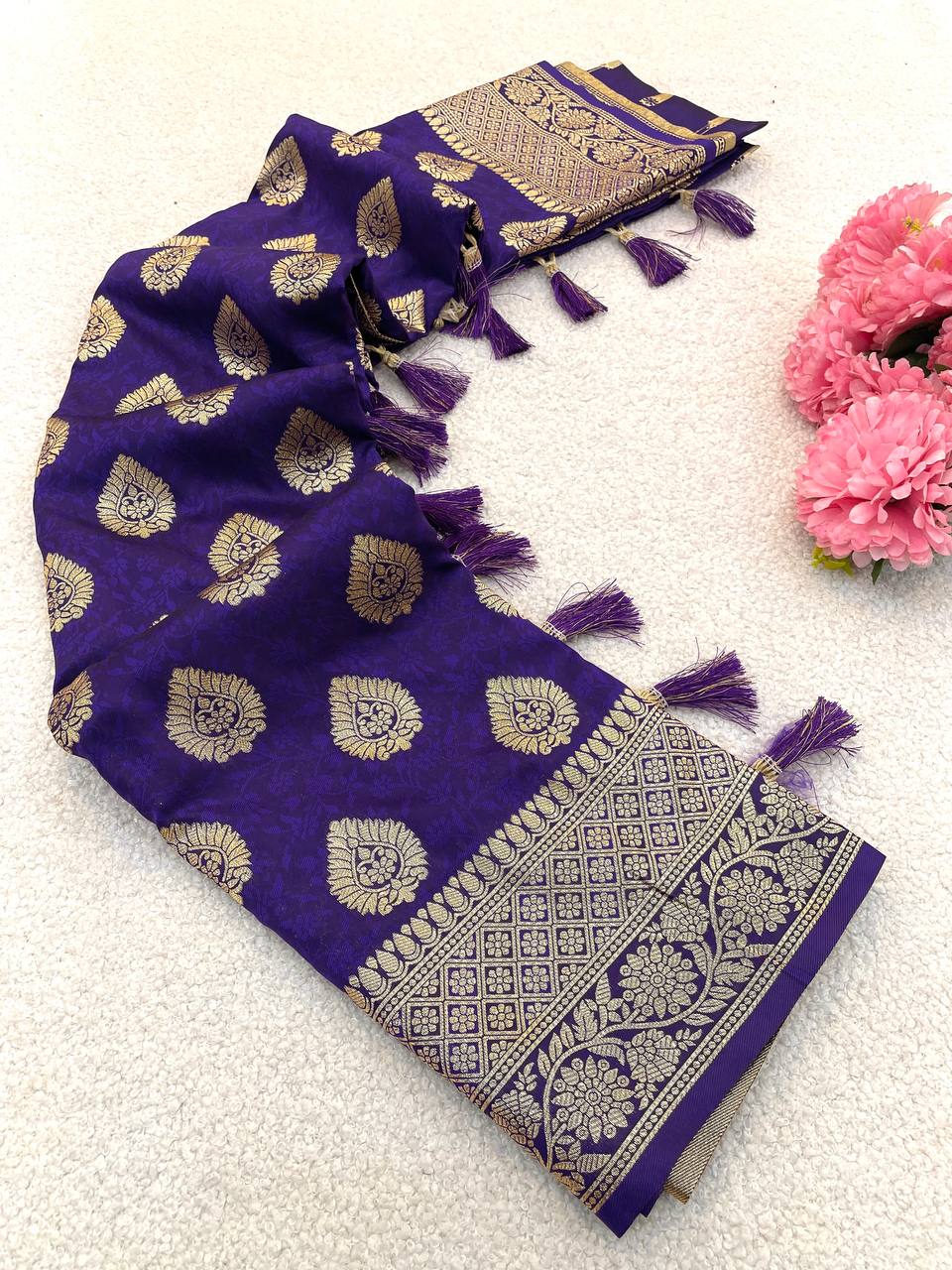 Premium Banarasi Soft Silk Sarees with Golden zari Buti weaves all over the body, having rich zari woven pallu and paired with BUTI WORK running Blouse