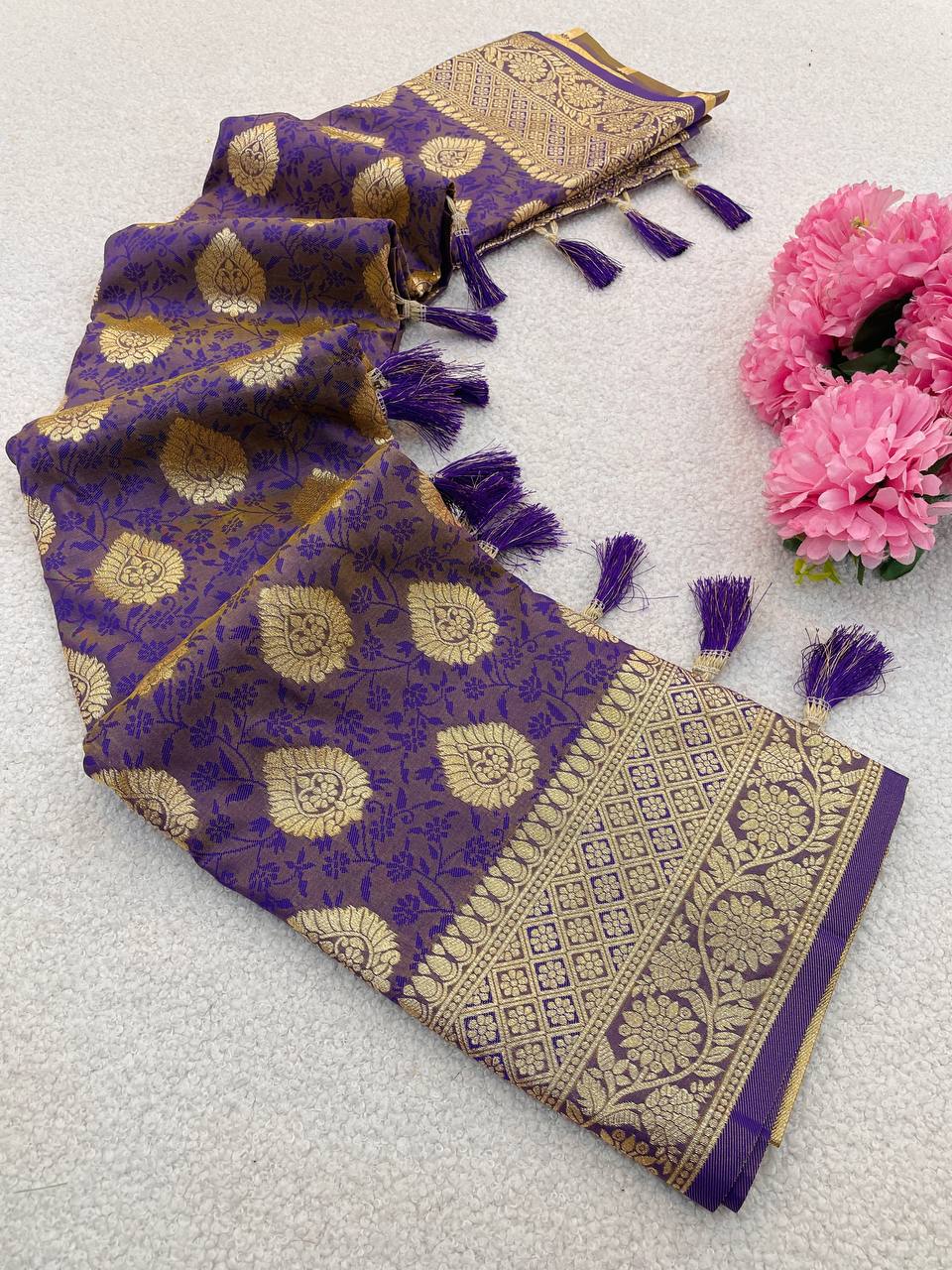 Premium Banarasi Soft Silk Sarees with Golden zari Buti weaves all over the body, having rich zari woven pallu and paired with BUTI WORK running Blouse