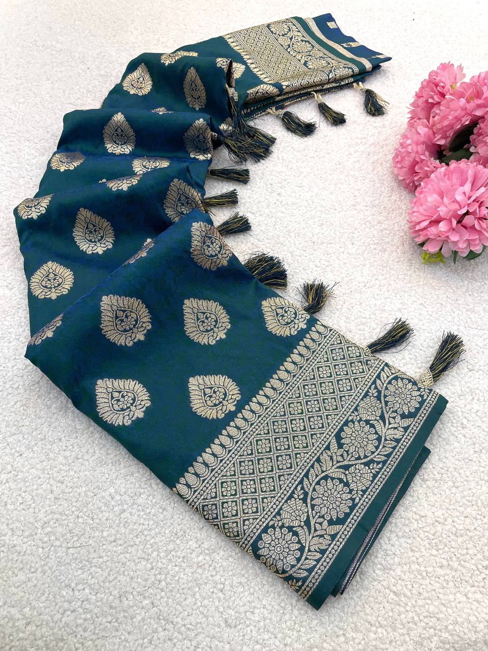 Premium Banarasi Soft Silk Sarees with Golden zari Buti weaves all over the body, having rich zari woven pallu and paired with BUTI WORK running Blouse