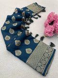 Premium Banarasi Soft Silk Sarees with Golden zari Buti weaves all over the body, having rich zari woven pallu and paired with BUTI WORK running Blouse