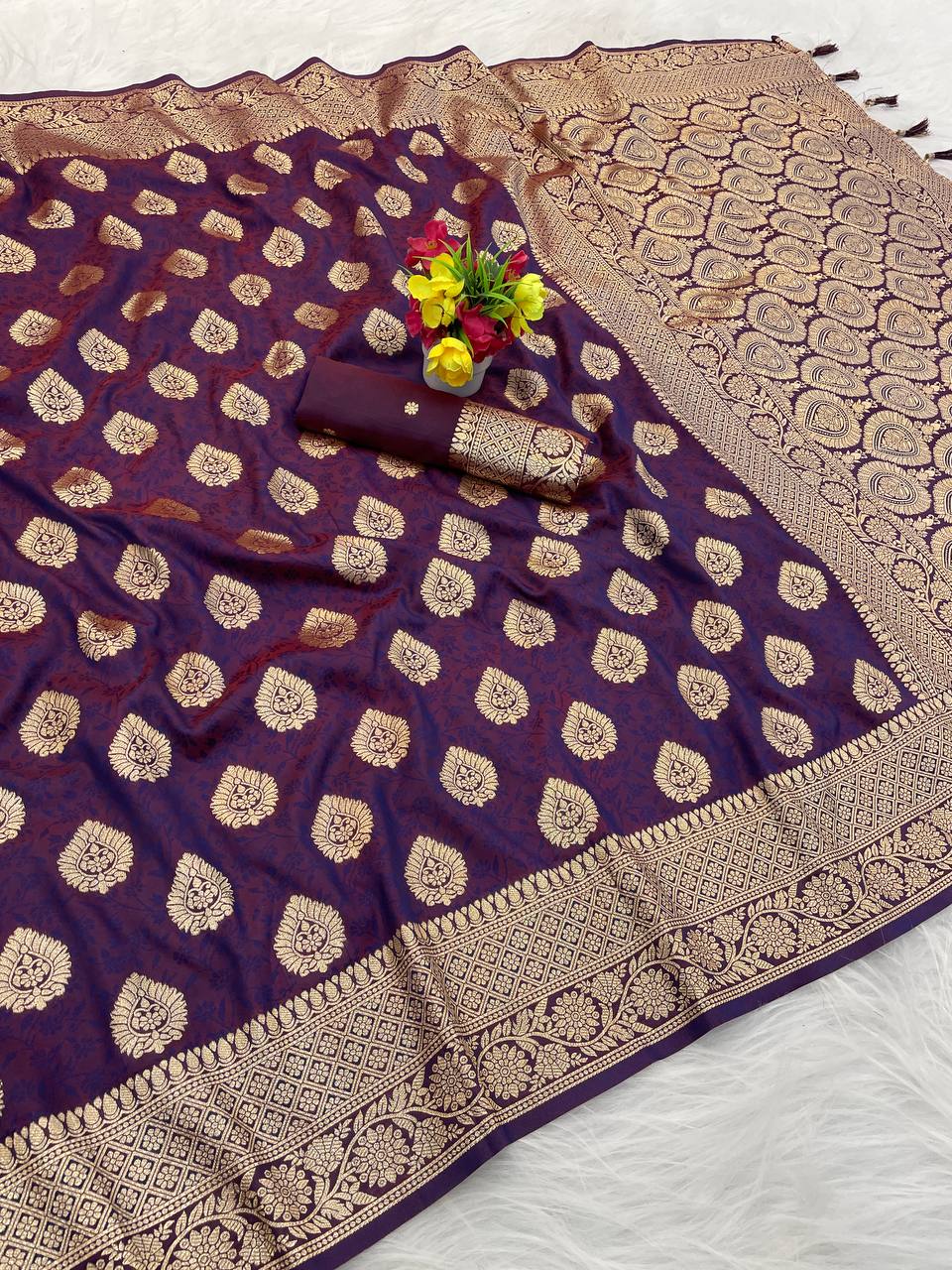 Premium Banarasi Soft Silk Sarees with Golden zari Buti weaves all over the body, having rich