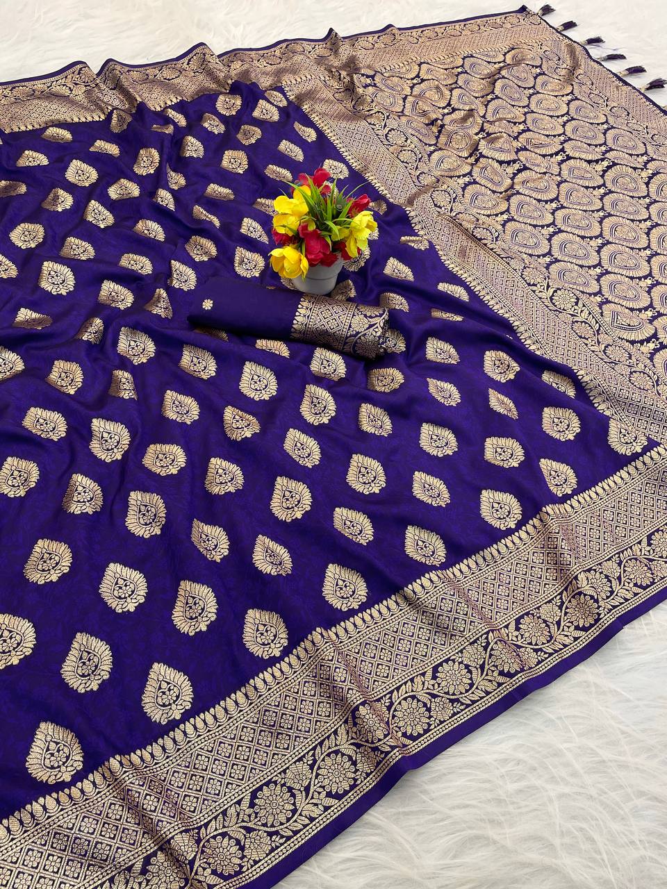 Premium Banarasi Soft Silk Sarees with Golden zari Buti weaves all over the body, having rich zari woven pallu and paired with BUTI WORK running Blouse