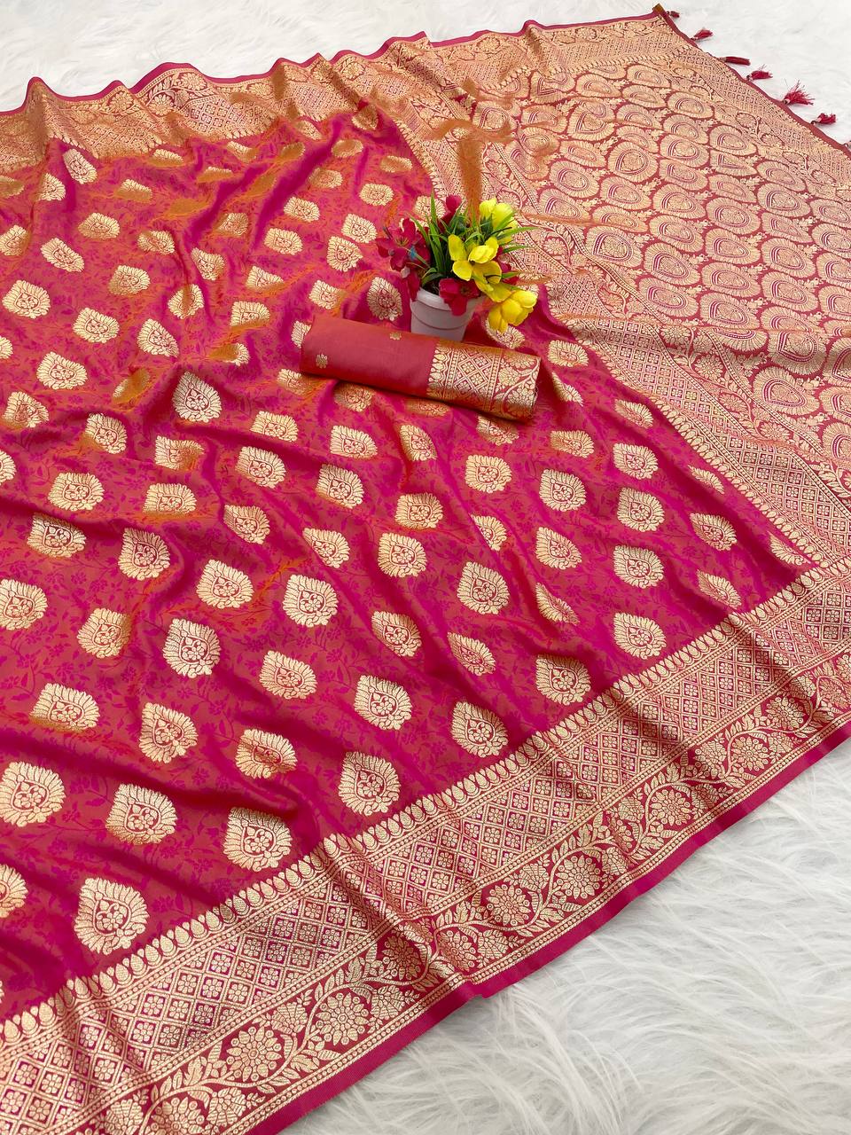 Premium Banarasi Soft Silk Sarees with Golden zari Buti weaves all over the body, having rich zari woven pallu and paired with BUTI WORK running Blouse
