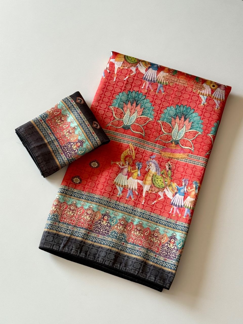 Royal Heritage Digital Print Saree - ORANGE