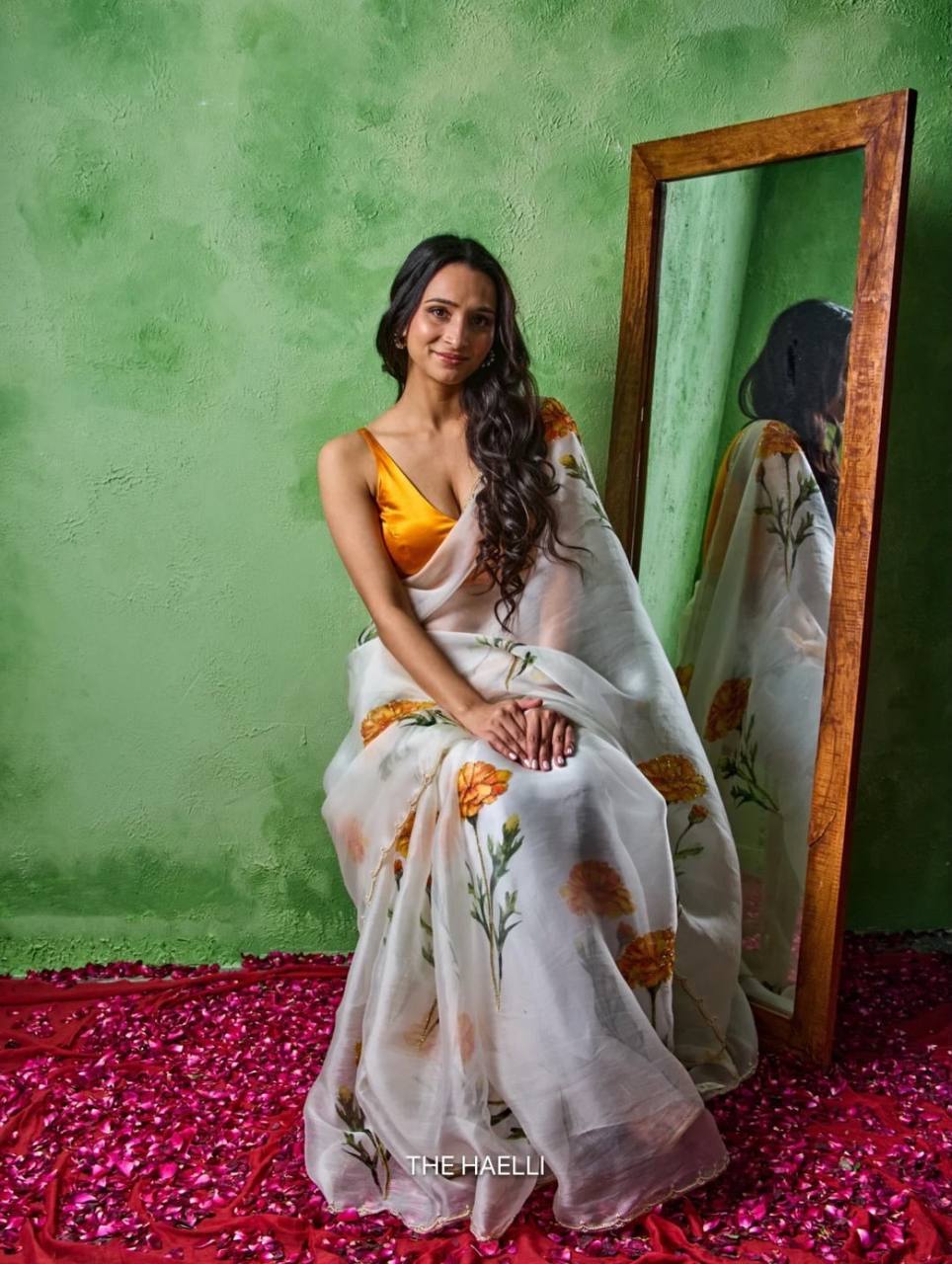 Elegant Floral Printed Tebby Silk Saree with Beads & Katdana Handwork – Designer Party Wear