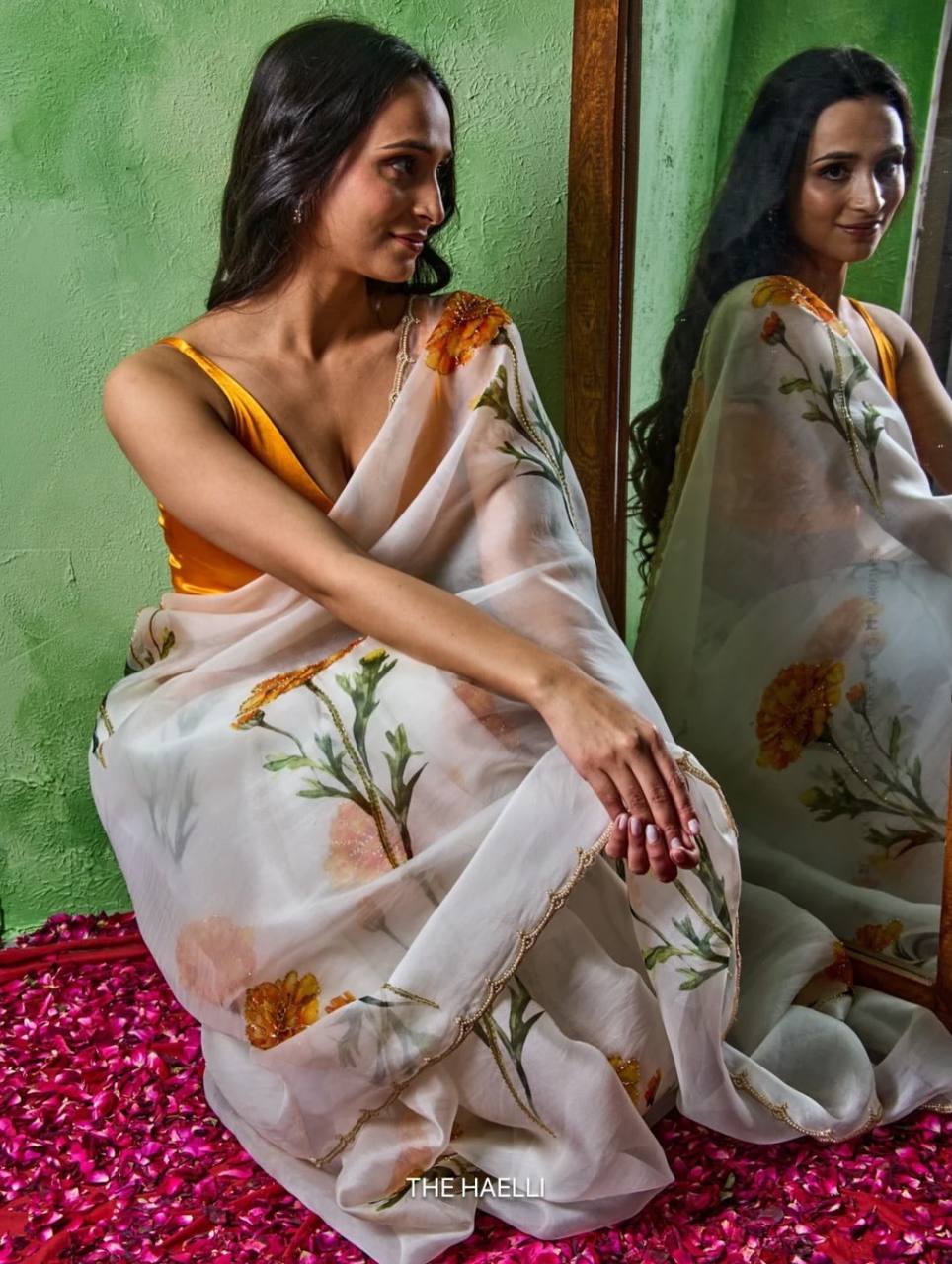 Elegant Floral Printed Tebby Silk Saree with Beads & Katdana Handwork – Designer Party Wear