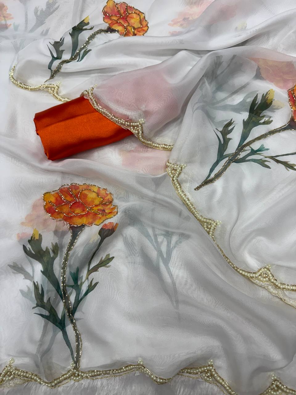 Elegant Floral Printed Tebby Silk Saree with Beads & Katdana Handwork – Designer Party Wear
